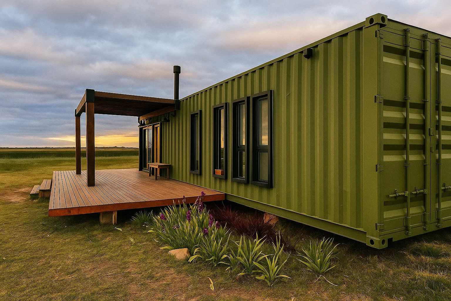 POLO Corbeta: container de 40 pies pintado en verde oliva con deck de madera y pérgola de tirantes, en campo abierto al atardecer.